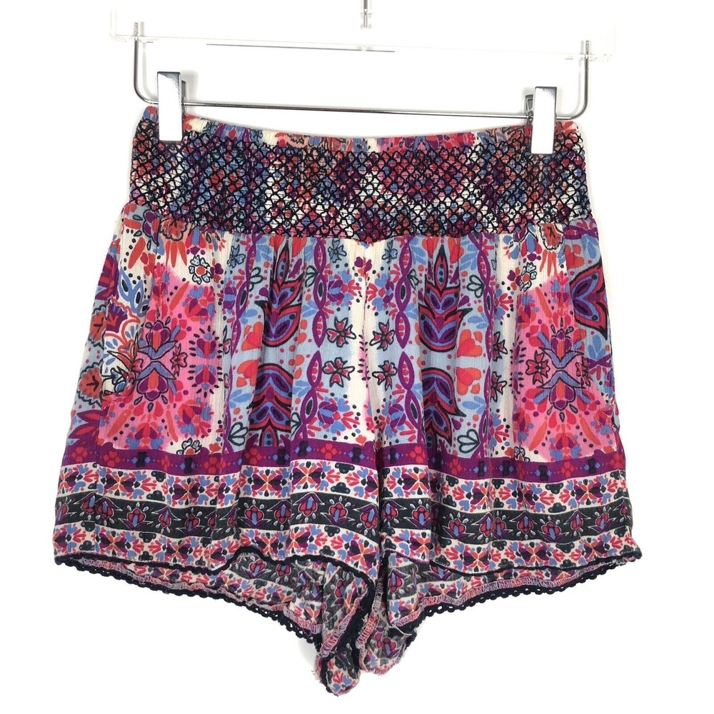 Aqua Printed Smocked Shorts Boho Paisley Pockets Casual Lounge Hot Pink Small
